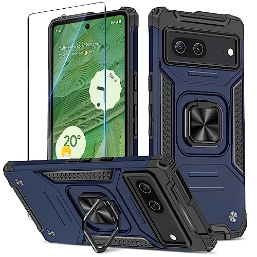 Btstring Hülle kompatibel mit Google Pixel 7 mit Schutzfolie, Militär Standard Stoßfest Handyhülle Case Hybrid Metall Ring Halter Schutzhülle Handy Hüllen Cover -Blau von Btstring