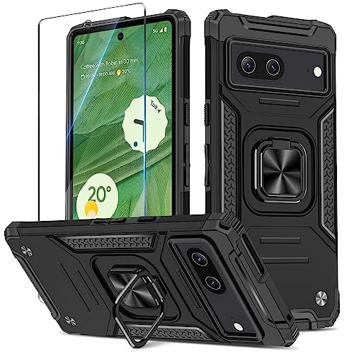 Btstring Hülle kompatibel mit Google Pixel 7 mit Schutzfolie, Militär Standard Stoßfest Handyhülle Case Hybrid Metall Ring Halter Schutzhülle Handy Hüllen Cover -Schwarz von Btstring