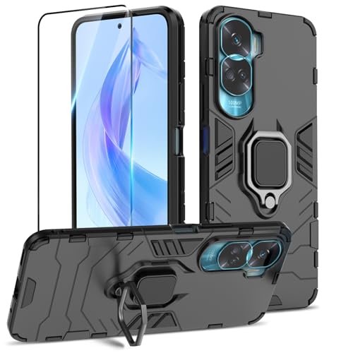 Btstring Hülle kompatibel mit Honor 90 Lite / X50i mit Schutzfolie, Militär Standard Stoßfest Handyhülle Case Hybrid Metall Ring Halter Schutzhülle Handy Hüllen Cover- Schwarz von Btstring