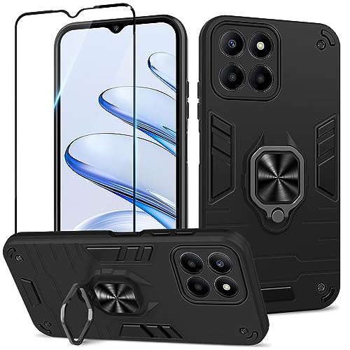 Btstring Hülle kompatibel mit Honor X6 /Honor X8 5G /Honor 70 Lite mit Schutzfolie, Militär Standard Stoßfest Handyhülle Case Hybrid Metall Ring Halter Schutzhülle Handy Hüllen Cover- Schwarz von Btstring