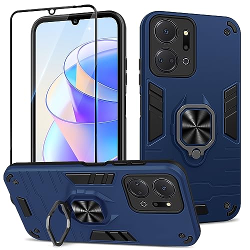 Btstring Hülle kompatibel mit Honor X7a mit Schutzfolie, Militär Standard Stoßfest Handyhülle Case Hybrid Metall Ring Halter Schutzhülle Handy Hüllen Cover- Blau von Btstring