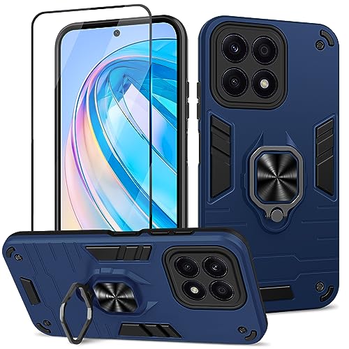 Btstring Hülle kompatibel mit Honor X8a mit Schutzfolie, Militär Standard Stoßfest Handyhülle Case Hybrid Metall Ring Halter Schutzhülle Handy Hüllen Cover- Blau von Btstring