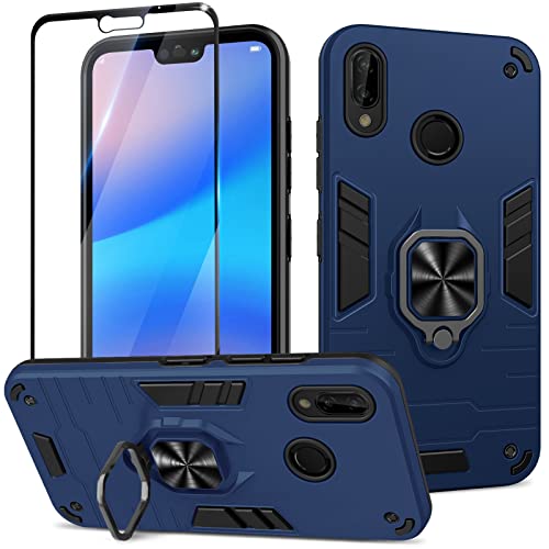 Btstring Hülle kompatibel mit Huawei P20 Lite 2018 mit Schutzfolie, Militär Standard Stoßfest Handyhülle Case Hybrid Metall Ring Halter Schutzhülle Handy Hüllen Cover -Blau von Btstring