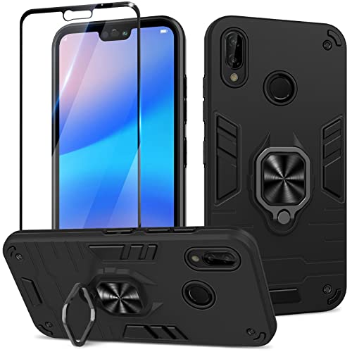 Btstring Hülle kompatibel mit Huawei P20 Lite 2018 mit Schutzfolie, Militär Standard Stoßfest Handyhülle Case Hybrid Metall Ring Halter Schutzhülle Handy Hüllen Cover -Schwarz von Btstring