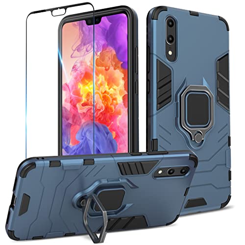 Btstring Hülle kompatibel mit Huawei P20 mit Schutzfolie, Militär Standard Cover Case Standfunktion Handy Hüllen -Blau von Btstring