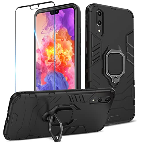 Btstring Hülle kompatibel mit Huawei P20 mit Schutzfolie, Militär Standard Cover Case Standfunktion Handy Hüllen Schwarz von Btstring