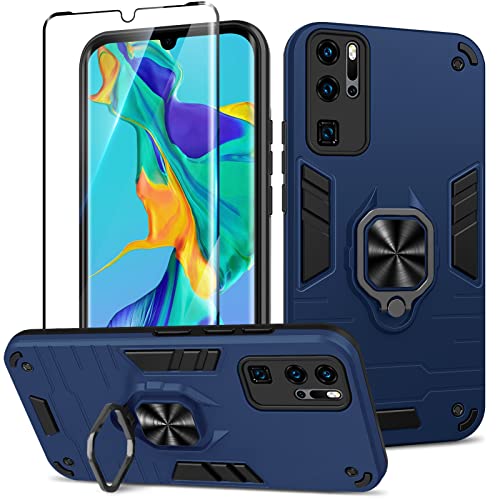 Btstring Hülle kompatibel mit Huawei P30 Pro mit Schutzfolie, Militär Standard Stoßfest Handyhülle Case Hybrid Metall Ring Halter Schutzhülle Handy Hüllen Cover -Blau von Btstring