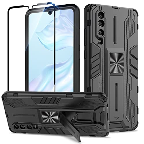 Btstring Hülle kompatibel mit Huawei P30 mit Schutzfolie, Militär Standard Cover Case Standfunktion Handy Hüllen Schwarz von Btstring