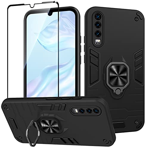 Btstring Hülle kompatibel mit Huawei P30 mit Schutzfolie, Militär Standard Stoßfest Handyhülle Case Hybrid Metall Ring Halter Schutzhülle Handy Hüllen Cover -Schwarz von Btstring