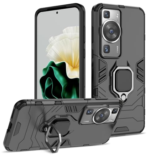 Btstring Hülle kompatibel mit Huawei P60 / P60 Pro, Militär Standard Stoßfest Handyhülle Case Hybrid Metall Ring Halter Schutzhülle Handy Hüllen Cover- Schwarz von Btstring