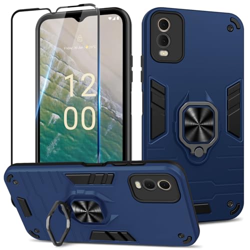 Btstring Hülle kompatibel mit Nokia C32 mit Schutzfolie, Militär Standard Stoßfest Handyhülle Case Hybrid Metall Ring Halter Schutzhülle Handy Hüllen Cover -Blau von Btstring