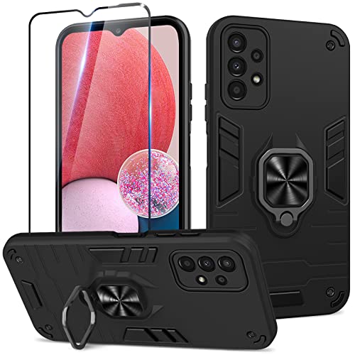 Btstring Hülle kompatibel mit Samsung Galaxy A13 4G mit Schutzfolie, Militär Standard Stoßfest Handyhülle Case Hybrid Metall Ring Halter Schutzhülle Handy Hüllen Cover -Schwarz von Btstring