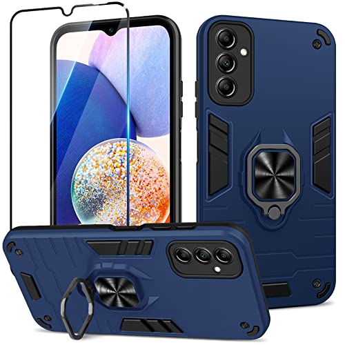 Btstring Hülle für Samsung Galaxy A14 mit Panzer Schutz Glas, Militär Standard Stoßfest Handyhülle Case Hybrid Metall Ring Halter Schutzhülle Handy Hüllen Cover- Blau von Btstring