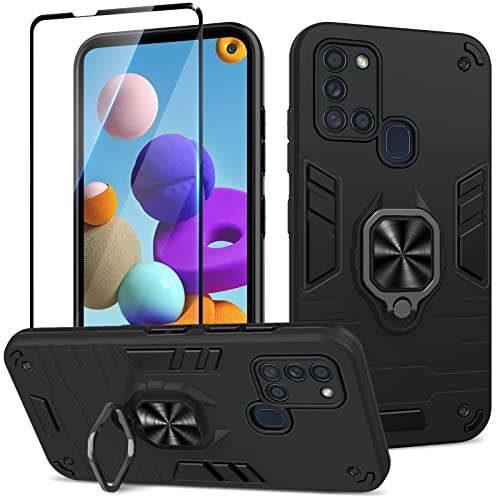 Btstring Hülle kompatibel mit Samsung Galaxy A21S mit Schutzfolie, Militär Standard Stoßfest Handyhülle Case Hybrid Metall Ring Halter Schutzhülle Handy Hüllen Cover -Schwarz von Btstring