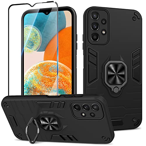 Btstring Hülle kompatibel mit Samsung Galaxy A23 4G/5G mit Schutzfolie, Militär Standard Stoßfest Handyhülle Case Hybrid Metall Ring Halter Schutzhülle Handy Hüllen Cover -Schwarz von Btstring