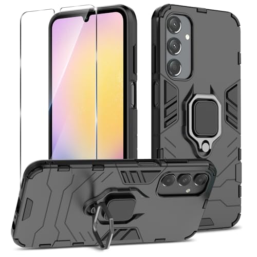 Btstring Hülle kompatibel mit Samsung Galaxy A25 5G mit Schutzfolie, Militär Standard Stoßfest Handyhülle Case Hybrid Metall Ring Halter Schutzhülle Handy Hüllen Cover -Schwarz von Btstring