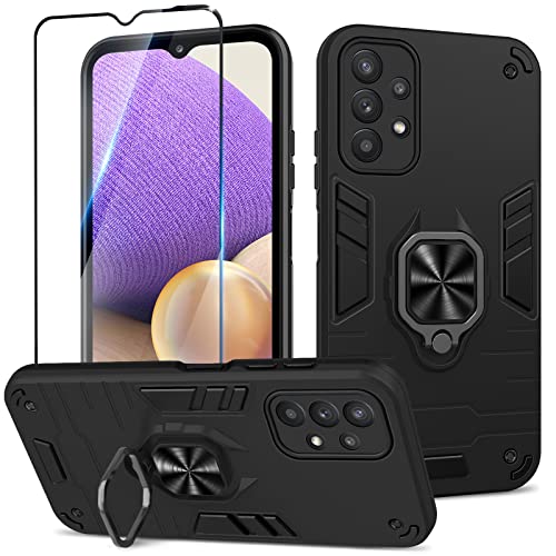 Btstring Hülle kompatibel mit Samsung Galaxy A32 5G mit Schutzfolie, Militär Standard Stoßfest Handyhülle Case Hybrid Metall Ring Halter Schutzhülle Handy Hüllen Cover -Schwarz von Btstring