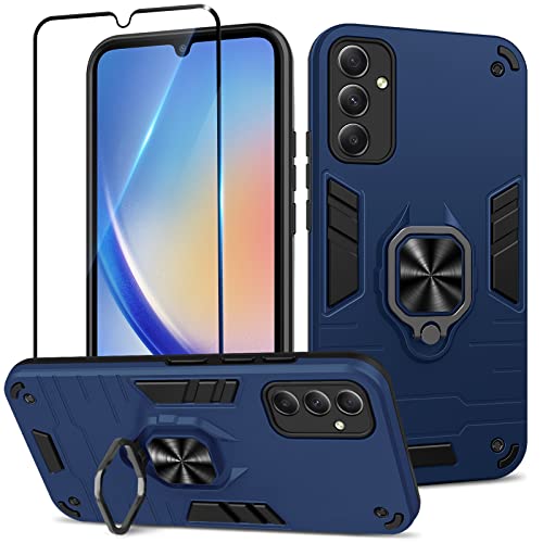 Btstring Hülle kompatibel mit Samsung Galaxy A34 5G mit Schutzfolie, Militär Standard Stoßfest Handyhülle Case Hybrid Metall Ring Halter Schutzhülle Handy Hüllen Cover -Blau von Btstring