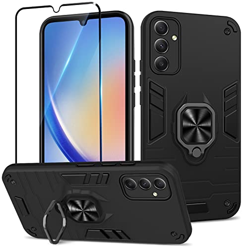 Btstring Hülle kompatibel mit Samsung Galaxy A34 5G mit Schutzfolie, Militär Standard Stoßfest Handyhülle Case Hybrid Metall Ring Halter Schutzhülle Handy Hüllen Cover -Schwarz von Btstring