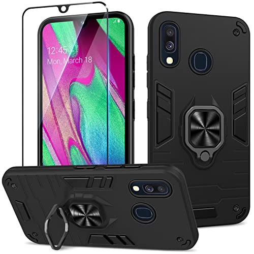 Btstring Hülle kompatibel mit Samsung Galaxy A40 mit Schutzfolie, Militär Standard Stoßfest Handyhülle Case Hybrid Metall Ring Halter Schutzhülle Handy Hüllen Cover -Schwarz von Btstring