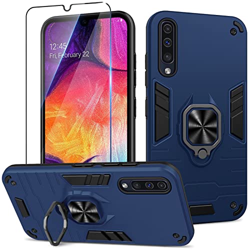 Btstring Hülle kompatibel mit Samsung Galaxy A50 mit Schutzfolie, Militär Standard Stoßfest Handyhülle Case Hybrid Metall Ring Halter Schutzhülle Handy Hüllen Cover -Blau von Btstring