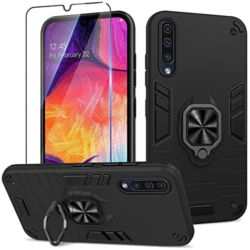 Btstring Hülle kompatibel mit Samsung Galaxy A50 mit Schutzfolie, Militär Standard Stoßfest Handyhülle Case Hybrid Metall Ring Halter Schutzhülle Handy Hüllen Cover -Schwarz von Btstring