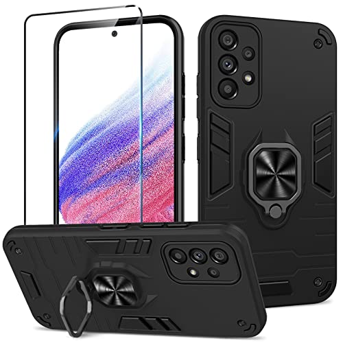 Btstring Hülle kompatibel mit Samsung Galaxy A53 5G mit Schutzfolie, Militär Standard Stoßfest Handyhülle Case Hybrid Metall Ring Halter Schutzhülle Handy Hüllen Cover -Schwarz von Btstring