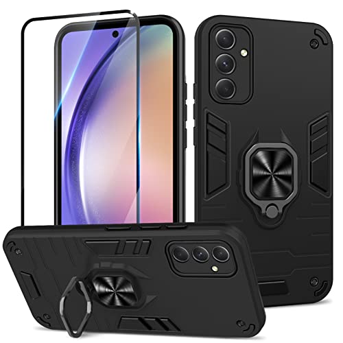 Btstring Hülle kompatibel mit Samsung Galaxy A54 5G mit Schutzfolie, Militär Standard Stoßfest Handyhülle Case Hybrid Metall Ring Halter Schutzhülle Handy Hüllen Cover -Schwarz von Btstring