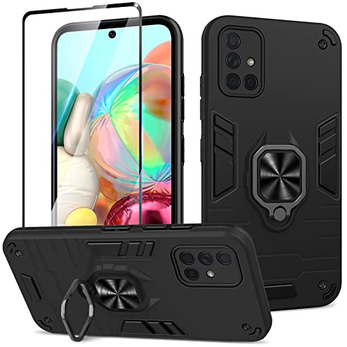 Btstring Hülle kompatibel mit Samsung Galaxy A71 mit Schutzfolie, Militär Standard Stoßfest Handyhülle Case Hybrid Metall Ring Halter Schutzhülle Handy Hüllen Cover -Schwarz von Btstring