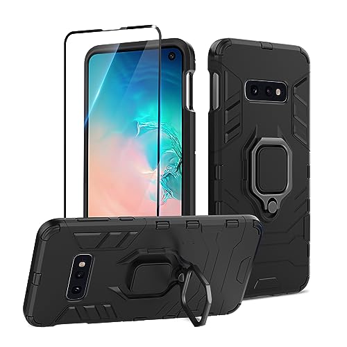 Btstring Hülle kompatibel mit Samsung Galaxy S10E mit Schutzfolie, Militär Standard Stoßfest Handyhülle Case Hybrid Metall Ring Halter Schutzhülle Handy Hüllen Cover- Schwarz von Btstring