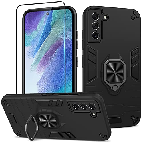 Btstring Hülle kompatibel mit Samsung Galaxy S21 FE mit Schutzfolie, Militär Standard Stoßfest Handyhülle Case Hybrid Metall Ring Halter Schutzhülle Handy Hüllen Cover -Schwarz von Btstring