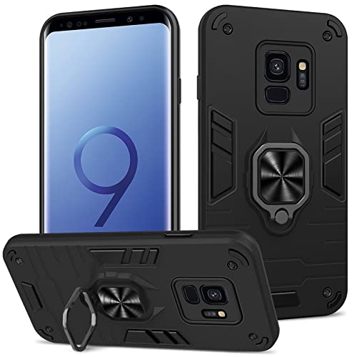 Btstring Hülle kompatibel mit Samsung Galaxy S9, Militär Standard Stoßfest Handyhülle Case Hybrid Metall Ring Halter Schutzhülle Handy Hüllen Cover -Schwarz von Btstring