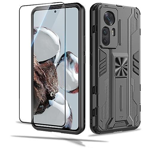 Btstring Hülle kompatibel mit Xiaomi 12T mit Schutzfolie, Militär Standard Cover Case Standfunktion Handy Hüllen Schwarz von Btstring