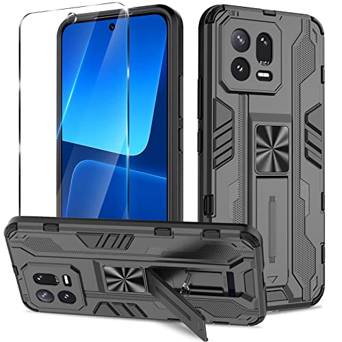 Btstring Hülle kompatibel mit Xiaomi 13 mit Schutzfolie, Militär Standard Cover Case Standfunktion Handy Hüllen Schwarz von Btstring