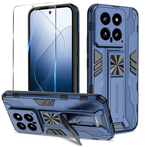 Btstring Hülle kompatibel mit Xiaomi 14 mit Schutzfolie, Militär Standard Cover Case Standfunktion Handy Hüllen -Blau von Btstring