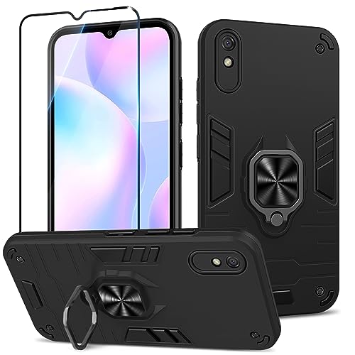 Btstring Hülle kompatibel mit Xiaomi Redmi 9A mit Schutzfolie, Militär Standard Stoßfest Handyhülle Case Hybrid Metall Ring Halter Schutzhülle Handy Hüllen Cover- Schwarz von Btstring