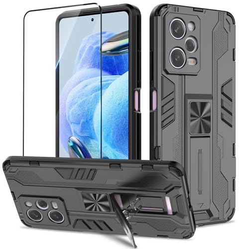 Btstring Hülle kompatibel mit Xiaomi Redmi Note 12 Pro mit Schutzfolie, Militär Standard Cover Case Standfunktion Handy Hüllen Schwarz von Btstring