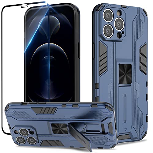 Btstring Hülle kompatibel mit iPhone 12 Pro mit Schutzfolie, Militär Standard Cover Case Standfunktion Handy Hüllen - Blau von Btstring