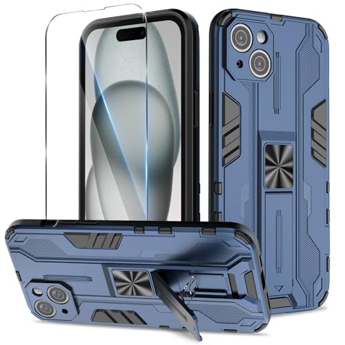 Btstring Hülle kompatibel mit iPhone 15 Plus mit Schutzfolie, Militär Standard Cover Case Standfunktion Handy Hüllen, Blau von Btstring