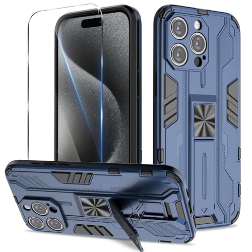 Btstring Hülle kompatibel mit iPhone 15 Pro Max mit Schutzfolie, Militär Standard Cover Case Standfunktion Handy Hüllen, Blau von Btstring