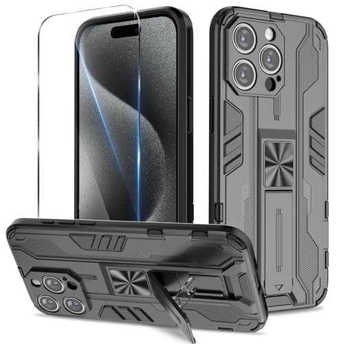 Btstring Hülle kompatibel mit iPhone 15 Pro Max mit Schutzfolie, Militär Standard Cover Case Standfunktion Handy Hüllen Schwarz von Btstring