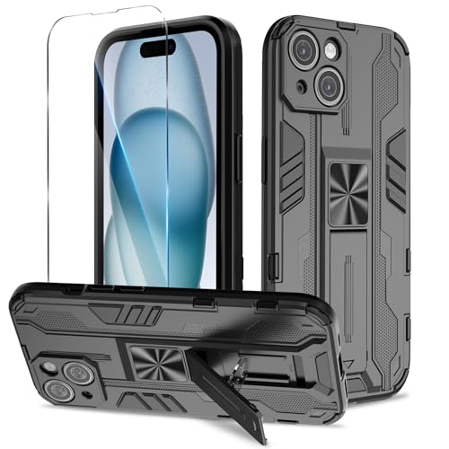 Btstring Hülle kompatibel mit iPhone 15 mit Schutzfolie, Militär Standard Cover Case Standfunktion Handy Hüllen Schwarz von Btstring