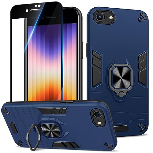 Btstring Hülle kompatibel mit iPhone SE 2022/2020/ iPhone 7/8 mit Schutzfolie, Militär Standard Stoßfest Handyhülle Case Hybrid Metall Ring Halter Schutzhülle Handy Hüllen Cover- Blau von Btstring