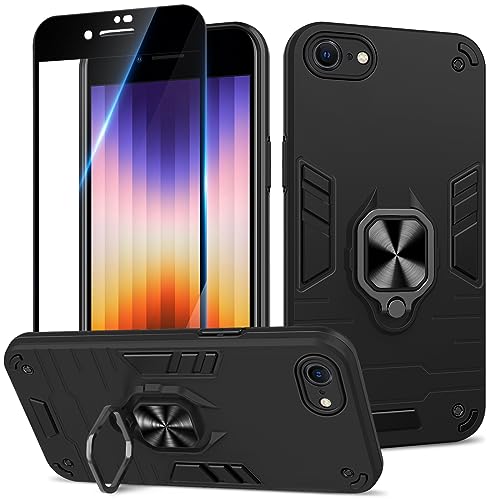 Btstring Hülle kompatibel mit iPhone SE 2022/2020 /iPhone 7/8 mit Schutzfolie, Militär Standard Stoßfest Handyhülle Case Hybrid Metall Ring Halter Schutzhülle Handy Hüllen Cover -Schwarz von Btstring