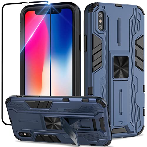 Btstring Hülle kompatibel mit iPhone X/XS mit Schutzfolie, Militär Standard Cover Case Standfunktion Handy Hüllen - Blau von Btstring