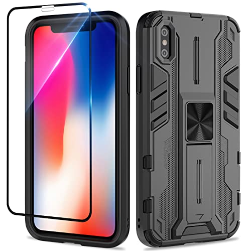 Btstring Hülle kompatibel mit iPhone X/XS mit Schutzfolie, Militär Standard Cover Case Standfunktion Handy Hüllen Schwarz von Btstring