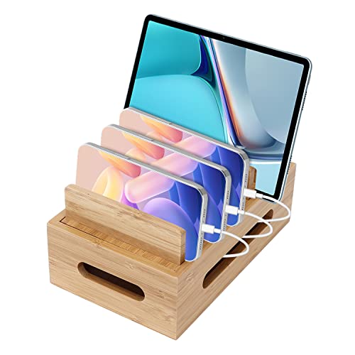 Ladestation für Mehrere Geräte, Holz Ladestation,6 Fächer Desktop Handy Docking Holder USB Ladestation Zubehör Docking Holder Kompatibel Dockingstationen Kompatibel mit Telefon, Tablet, Uhr, Ohrhörern von Buachois