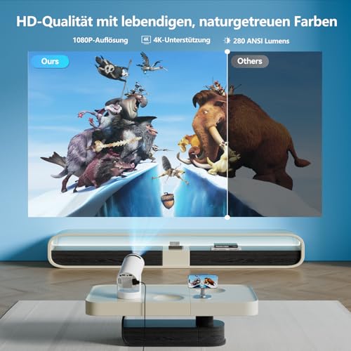 Buba Toys Beamer, tragbarer Mini Beamer mit WiFi 6 und Bluetooth 5.0, intelligenter Beamer 4K 1080P unterstützter, 280 ANSI Lumen Projektor, Auto Keystone Mini-Projektor für zu Hause (Weiß) von Buba Toys