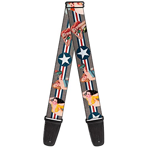 Buckle-Down Gitarrengurt Pin Up Girl Posen Close Up Star Stripes Grau Blau Weiß Rot 2 Zoll breit GS-W34253 von Buckle-Down