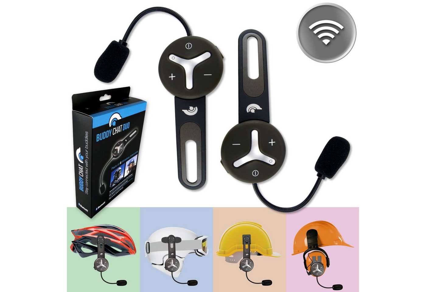 BuddyChat Buddy Chat Duo Bluetooth-Kopfhörer (Bluetooth, Headset, Helm, Headset, Freisprechanlage, Akku, Funkgerät, Gegensprechanlage, bis zu 1000m, Intercom, für 2 Teilnehmer) von BuddyChat